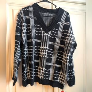 Oversized V-Neck Plaid Knitted Long Sleeve Sweater, Cider size Small